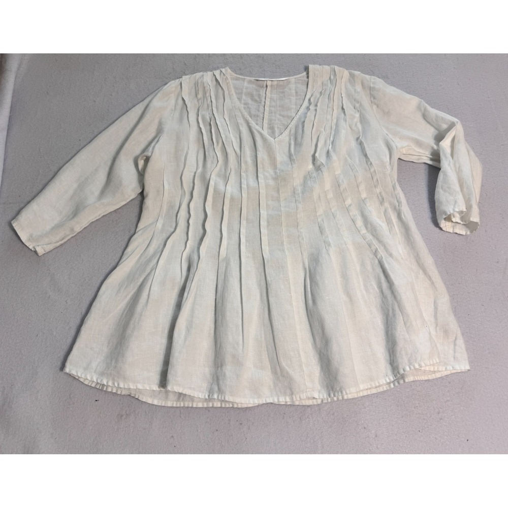 Luna Luz White Linen Popover Tunic S Top Pleated V-Neck 3/4 Sleeve Blouse USA